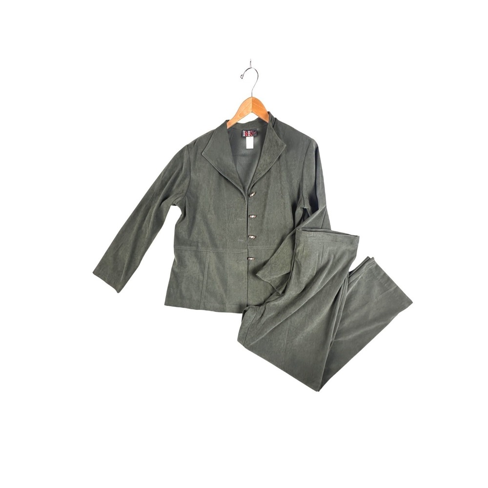 Womens Olive Green Pant Suit 14P Faux Suede Career Professional Business Work